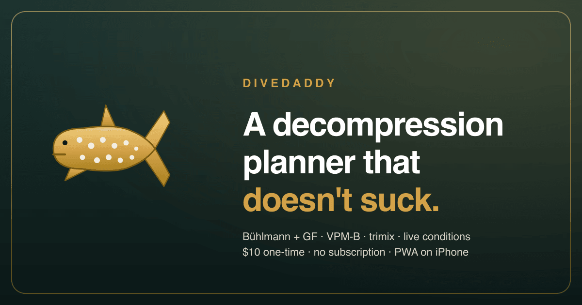 DiveDaddy preview, a brass whale shark on deep teal with the planner tagline